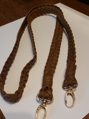 Braided Brown Leather Bag Strap 52in Gold Clips